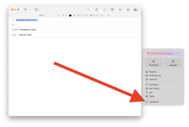 Select Compose to have Apple Intelligence write emails for you