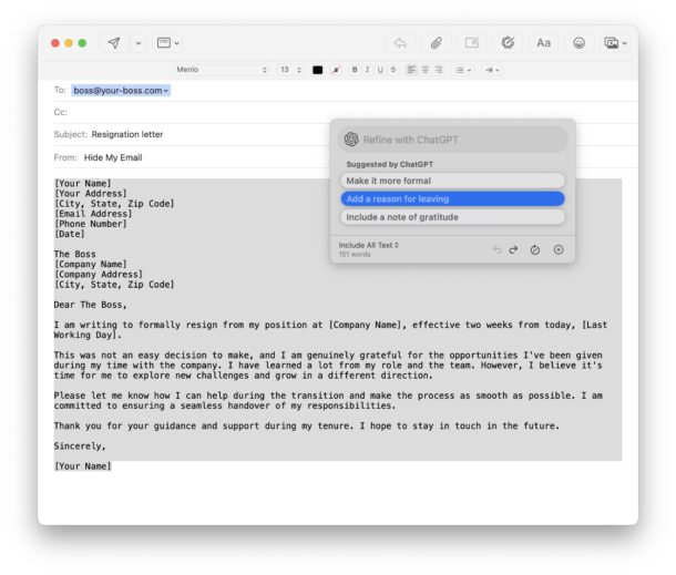 Apple Intelligence written email, edit if necessary