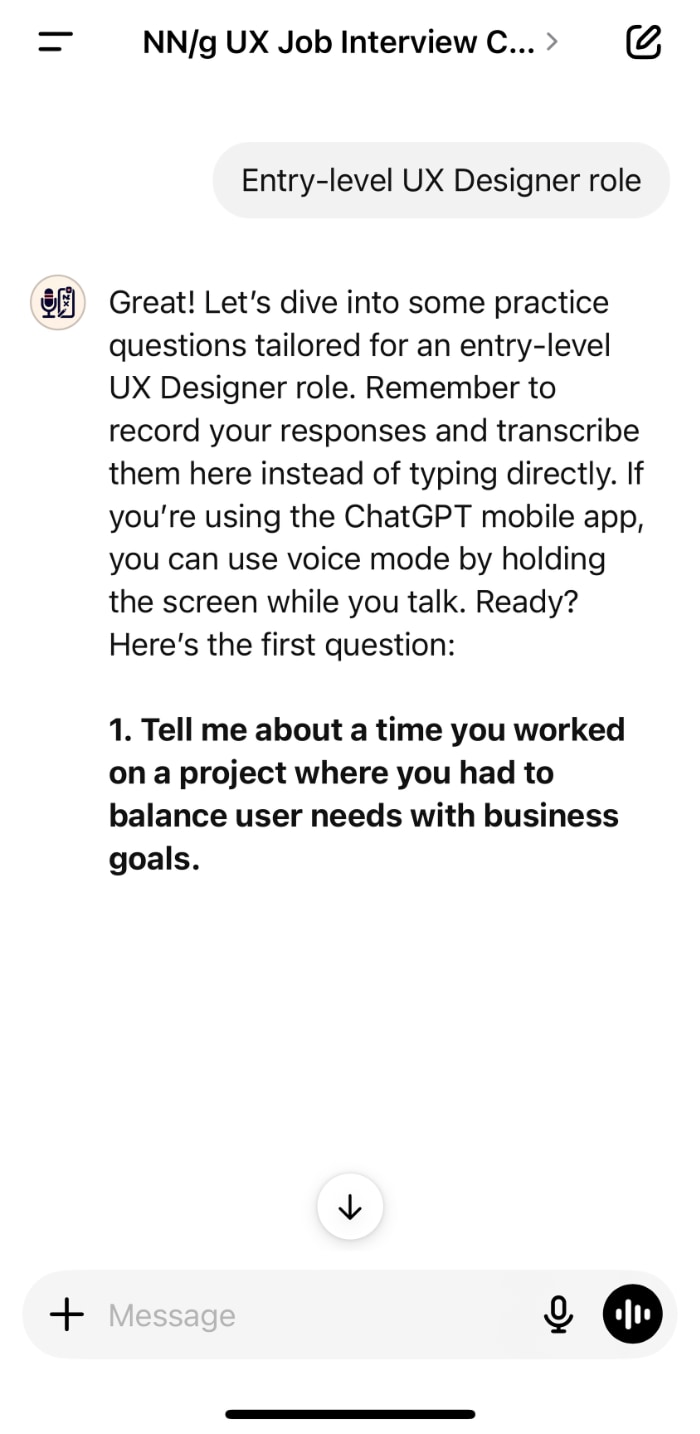 A mobile interface for practicing entry-level UX Designer interview questions. The screen is titled “NN/g UX Job Interview Coaching” and specifies the “Entry-level UX Designer role.” The first question asks the user to describe a project where they balanced user needs with business goals.