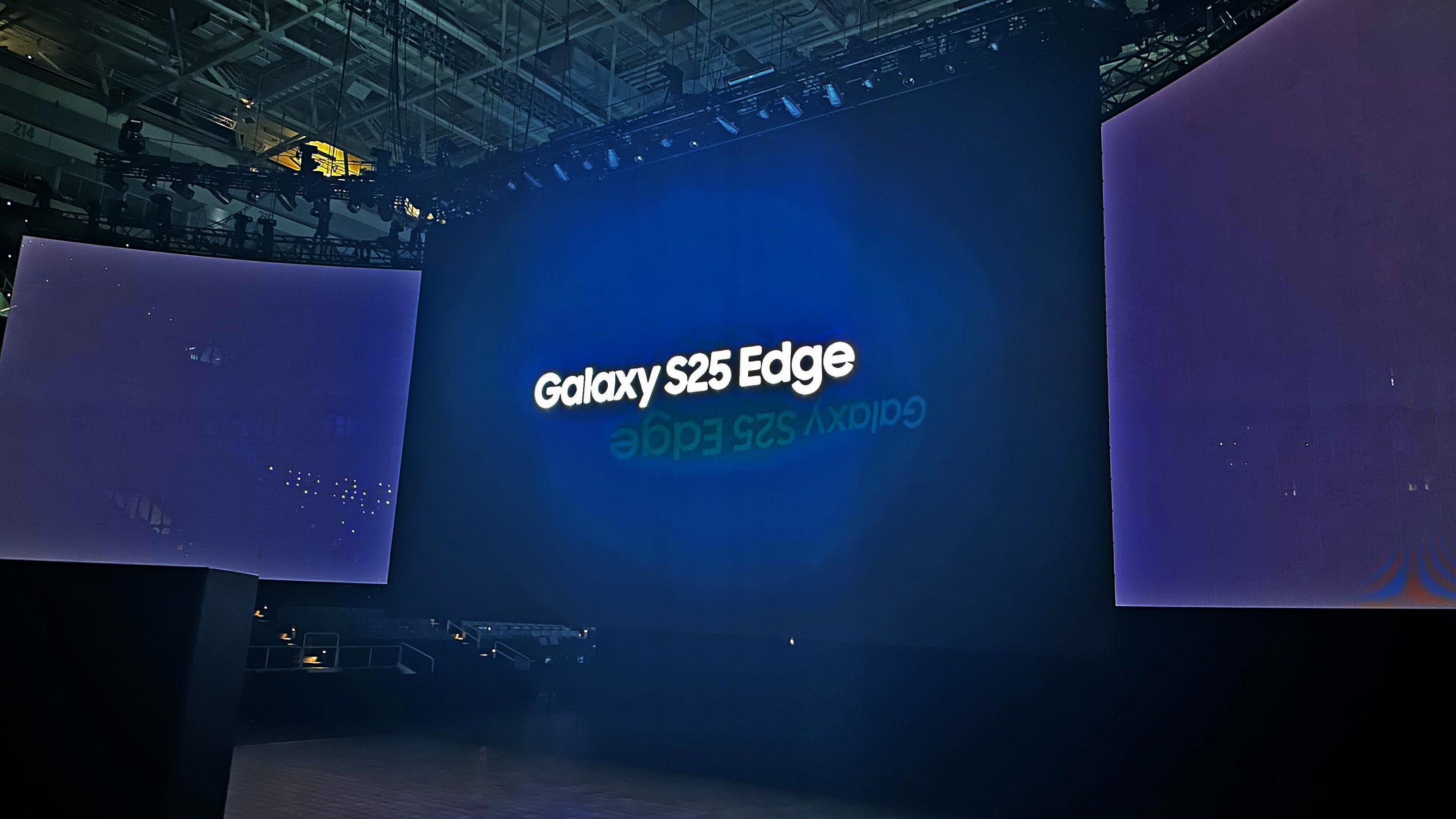 The Samsung Galaxy S25 Edge logo on stage at Samsung Unpacked 2025