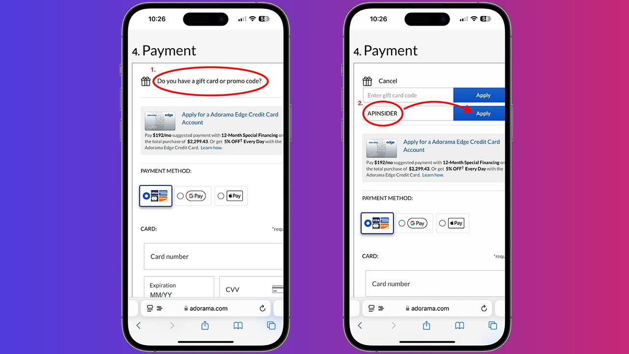 Side-by-side view of two iPhone 14 Pro Max screens showing APINSIDER coupon activation instructions.