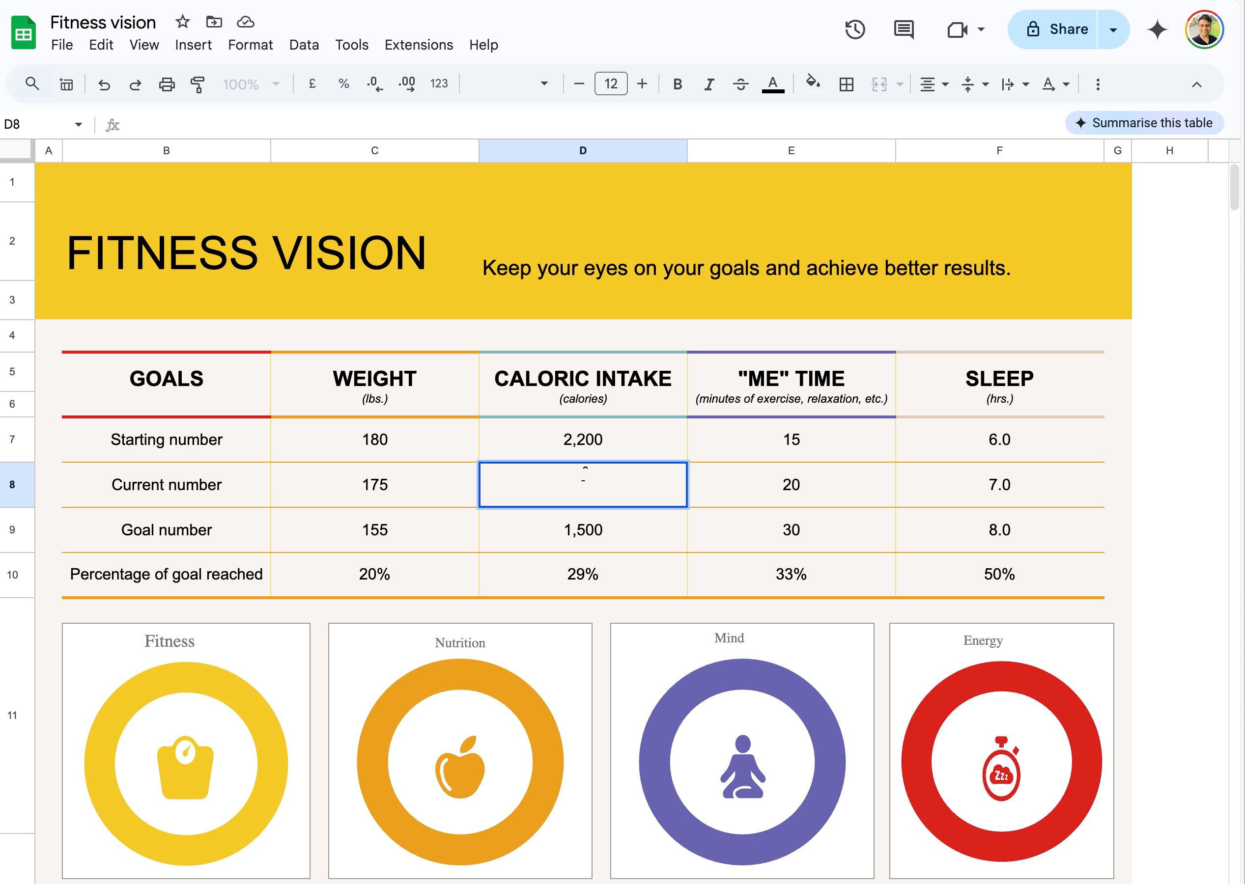 create a fitness vision in Google Sheets