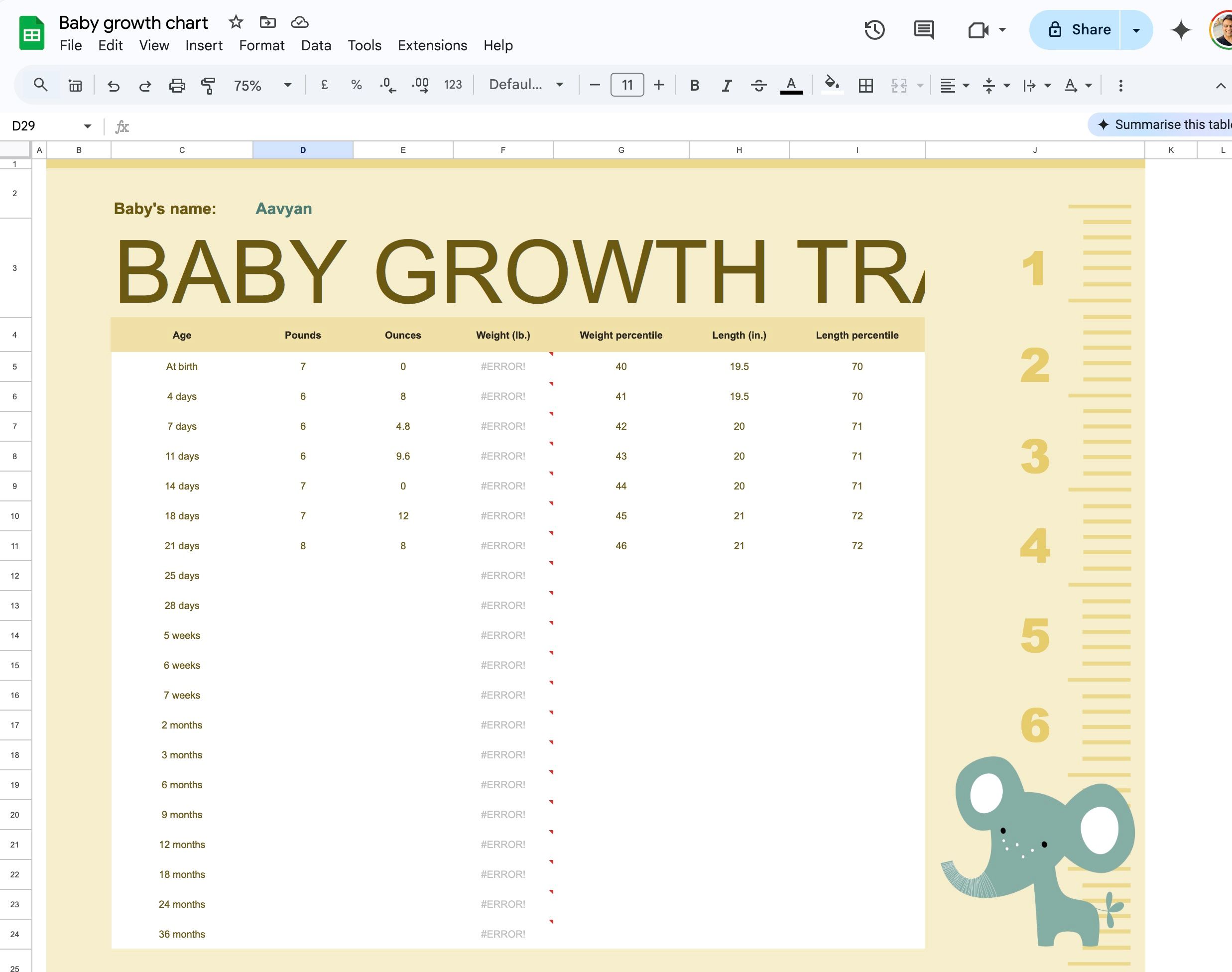 Track baby growth in Google Sheets