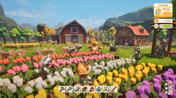 Everbloom - A field of flowers with humanoid animal creatures working to tend it.
