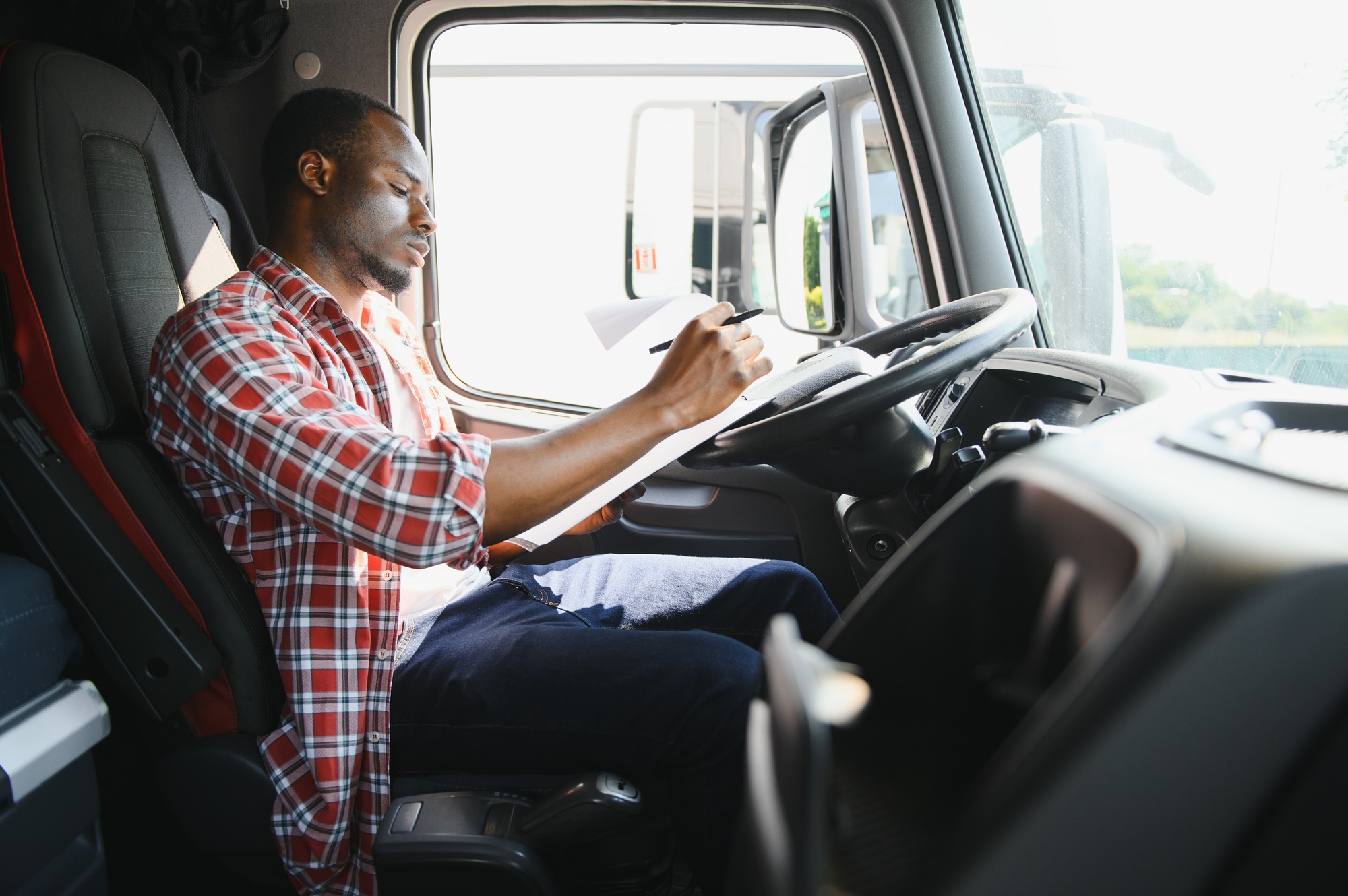 Courier Delivery. Black Man Driver Driving Delivery Car.