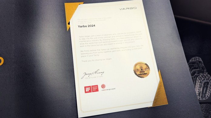 Certificate of appreciation from Yarbo, detailing their innovative approach to yard maintenance and the integration of technology into daily life. Signed by the CEO, with a design award logo featured.