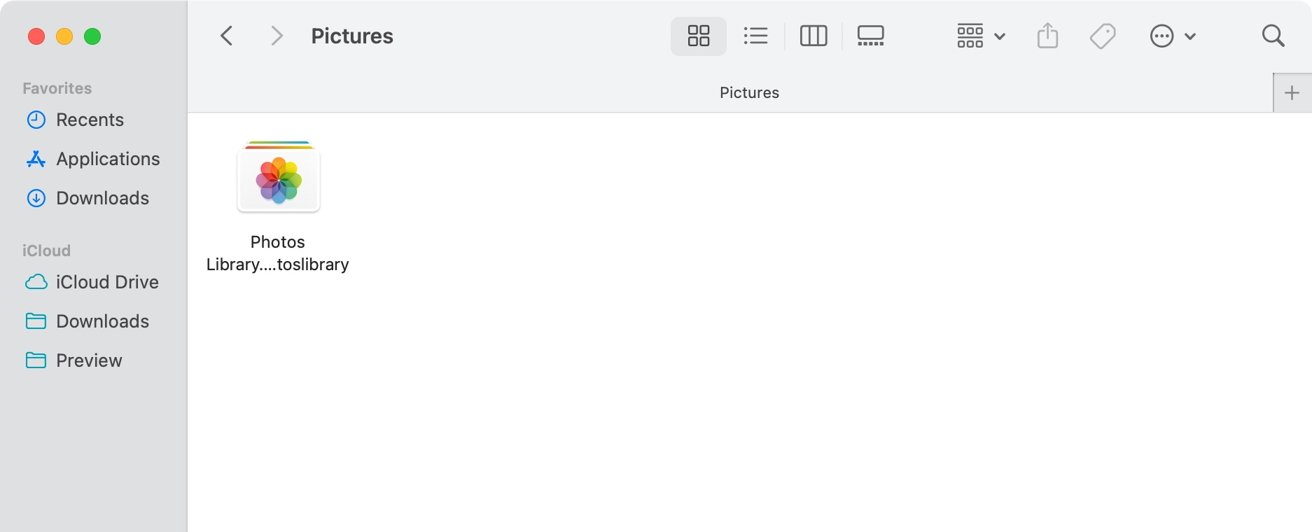 macOS Finder window displaying the Pictures folder, featuring one Photos Library file with an icon of a colorful flower. Side menu shows Recents, Applications, Downloads.