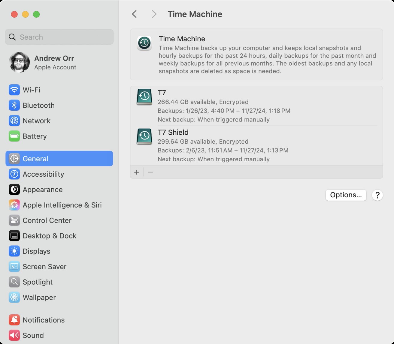Computer screen showing Time Machine backup settings with devices T7 and T7 Shield, General tab highlighted in sidebar, and user profile visible.