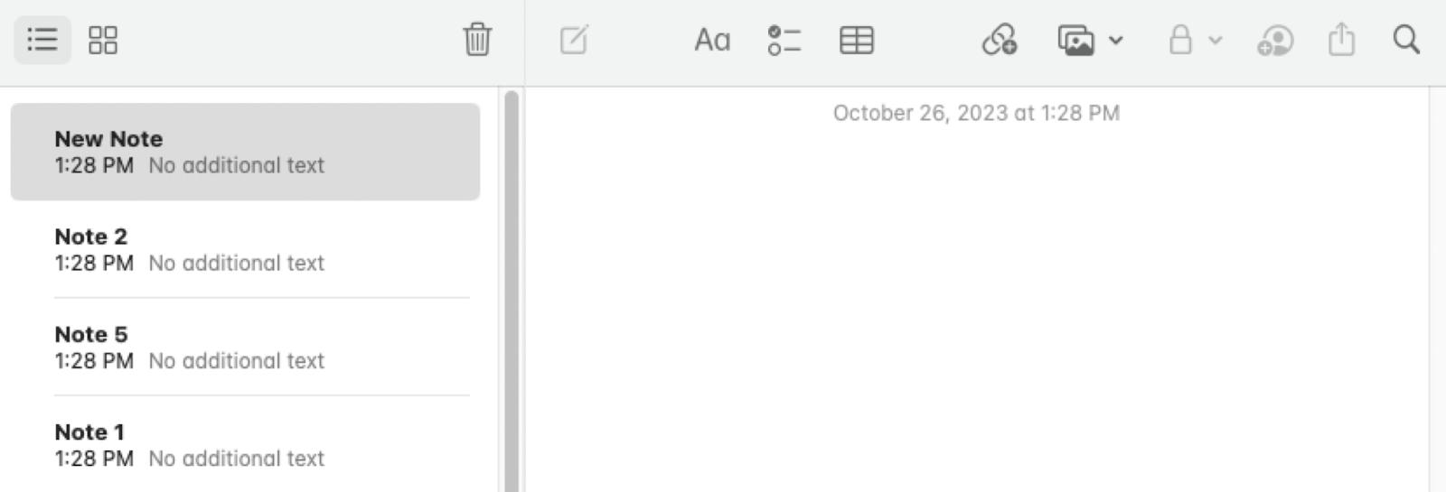 Screenshot of Apple Notes UI where the list view icon is three horizontal lines with dots.