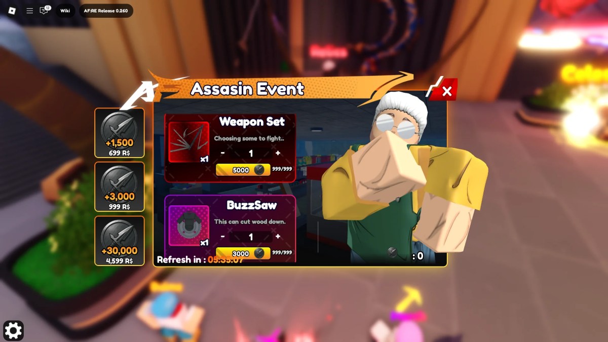 Preview of the Assassin Event Shop in the Anime Fantasy: RE Roblox experience.