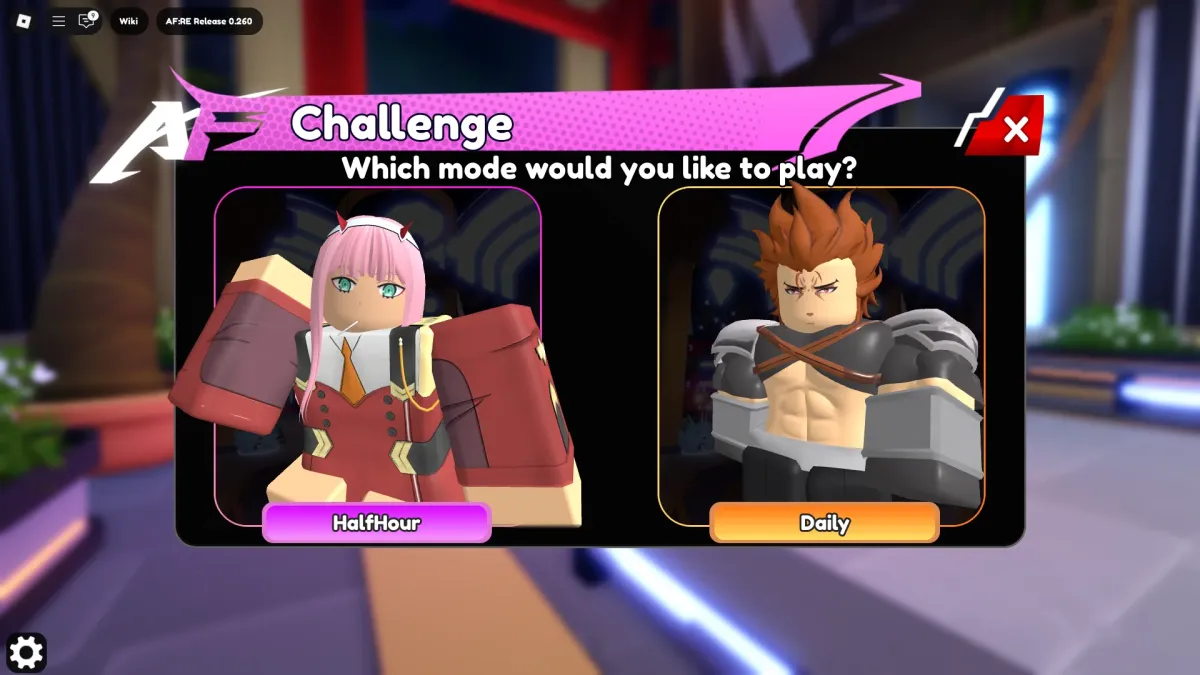 Preview of the Challenges menu in the Anime Fantasy: RE Roblox experience.