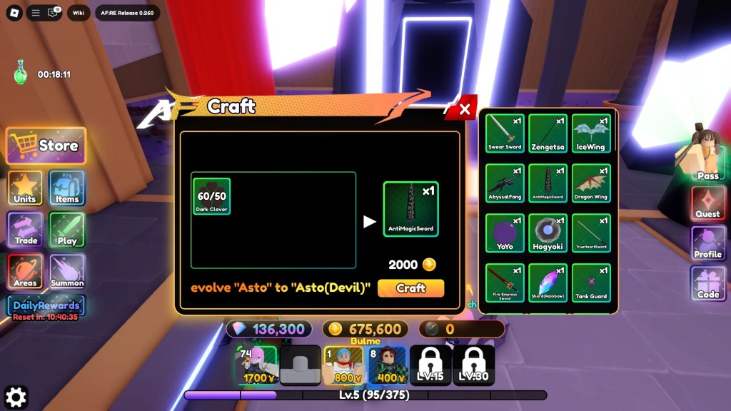 Preview of the Craft menu in the Anime Fantasy: RE Roblox experience.
