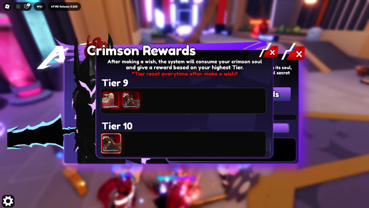 Preview of the Crimson Rewards menu with Secret Units in it in the Anime Fantasy: RE Roblox experience.