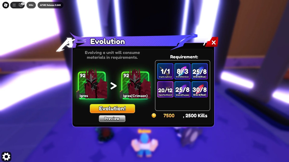 Preview of the Evolve units menu in the Anime Fantasy: RE Roblox experience.