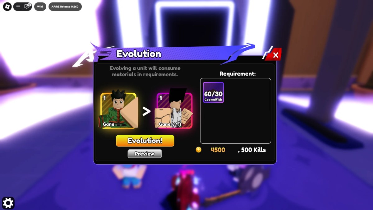A player evolving Gone to Gone (???) in the Anime Fantasy: RE Roblox experience.