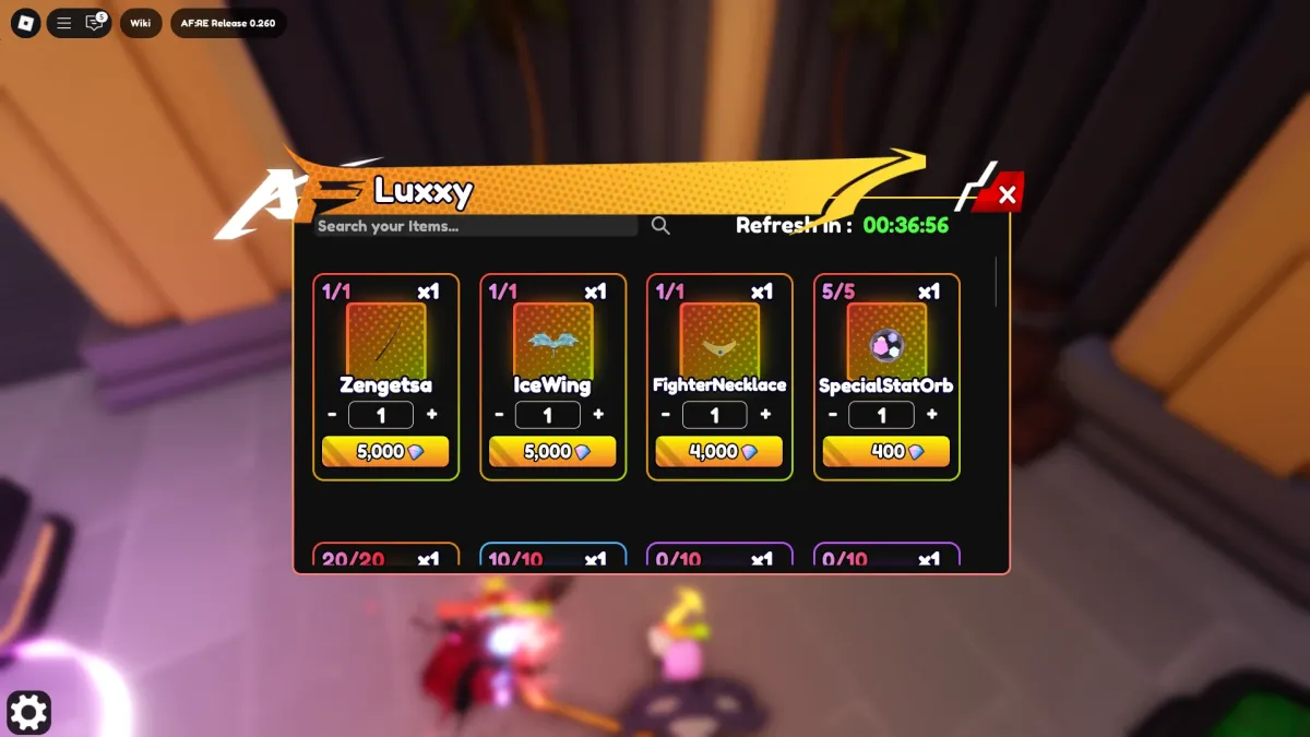Preview of the Luxxy's Shop with Unit Evolution materials available in it in the Anime Fantasy: RE Roblox experience.