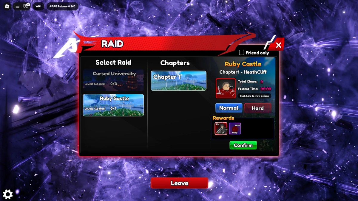 Preview of the Raid menu in the Anime Fantasy: RE Roblox experience.