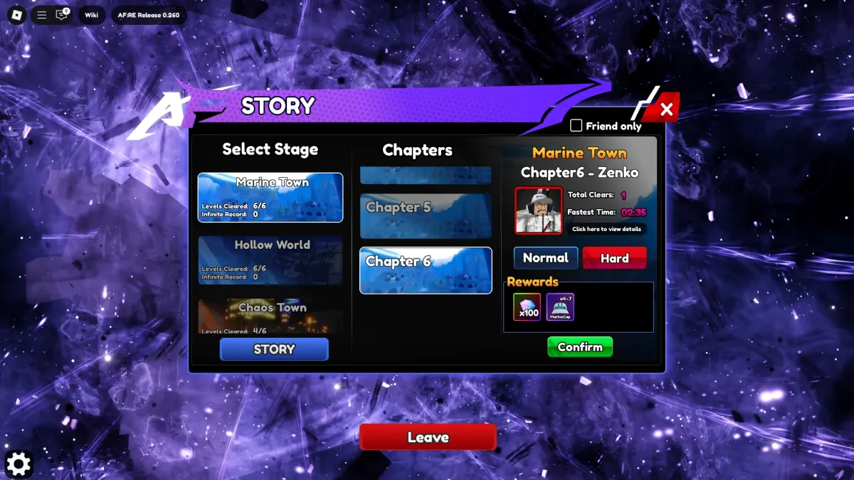 Preview of the Story mode rewards in the Anime Fantasy: RE Roblox experience.