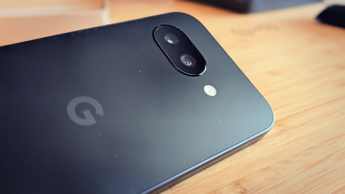 Close-up of the back of the Google Pixel 9A smartphone, featuring a camera module and the Google logo.