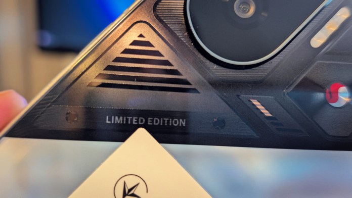 Close-up view of the back of a POCO F7 smartphone, highlighting the 'LIMITED EDITION' label and unique triangular design elements.