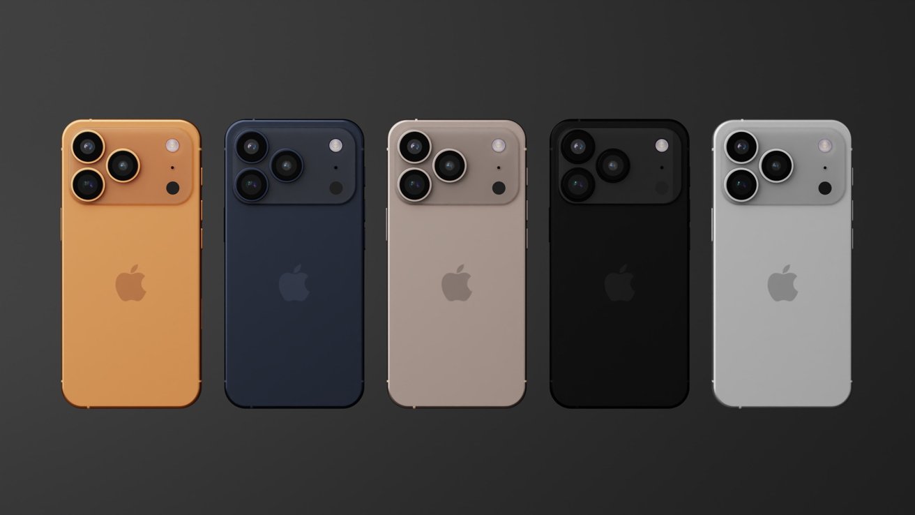 Five smartphones with triple cameras in orange, blue, beige, black, and white, aligned vertically on a dark background.