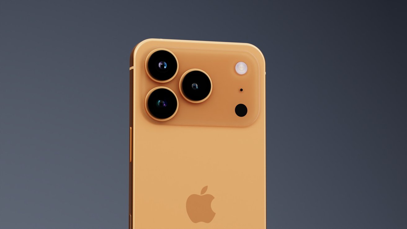An orange smartphone with three rear cameras, flash, and logo against a gradient dark background.