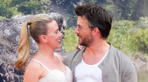 Scarlett Johansson and Jonathan Bailey at the "Jurassic World Rebirth" premiere on June 23