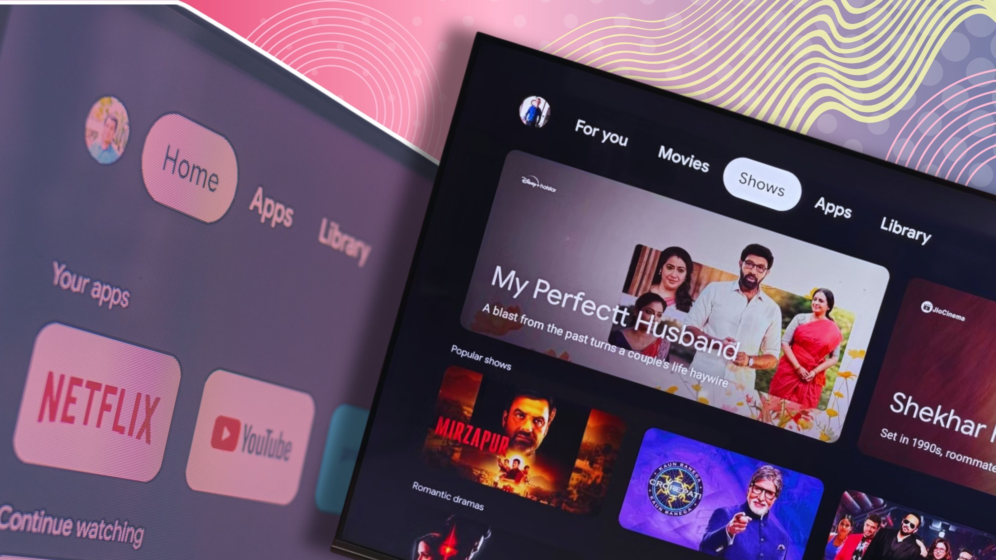 Google TV and Android TV interface being overlayed over a light colored patterned background