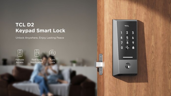 TCL D2 Keypad Smart Lock mounted on a wooden door, featuring a numeric keypad and keyhole, with promotional text highlighting remote access, real-time notifications, and auto-lock functionality.