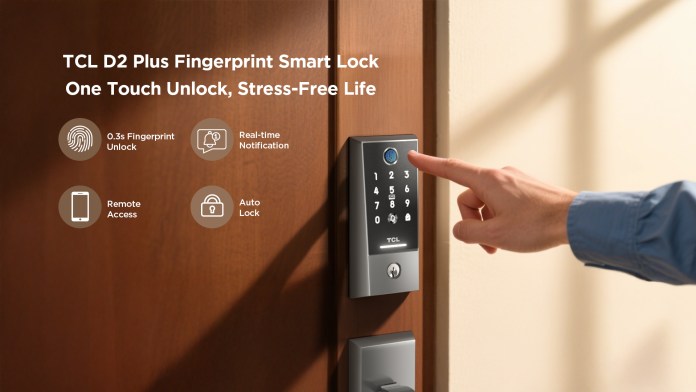 TCL D2 Plus Fingerprint Smart Lock with a hand poised to unlock using a digital keypad, showcasing features such as 0.3s fingerprint unlock, real-time notifications, remote access, and auto lock.