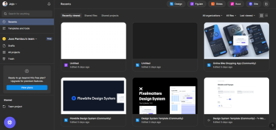 Figma dashboard showing a left sidebar navigation for exploring design files and a grid of thumbnail images on the right for previewing specific files.