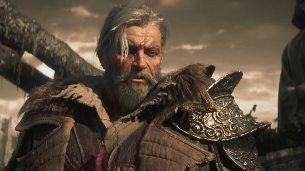 Close-up of an older armored warrior with scars and a gray beard, looking serious against a dramatic sky