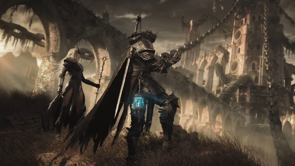 Knight with lantern and sorceress standing before a massive chained old building.