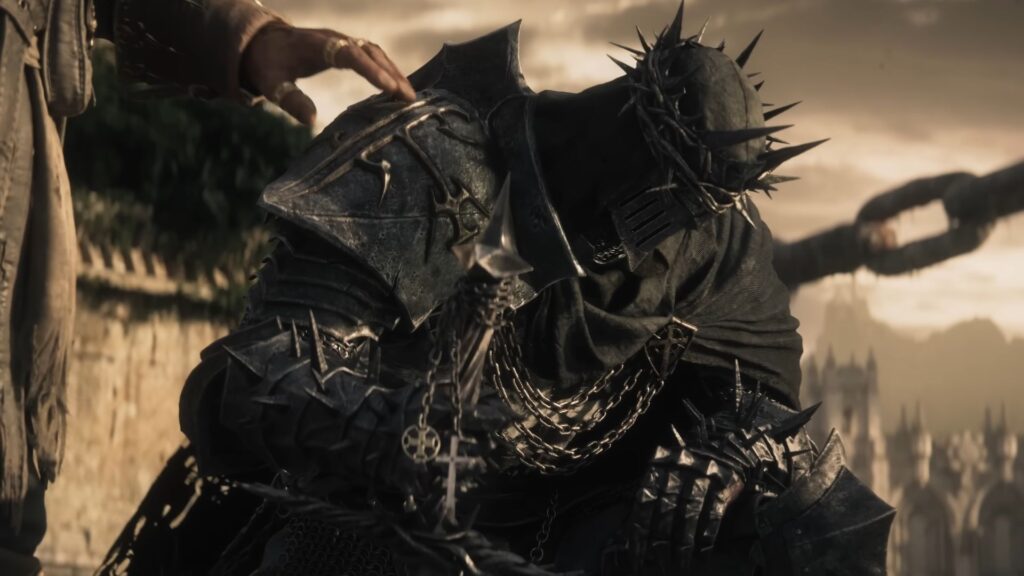 A heavily armored knight in spiked armor kneels.