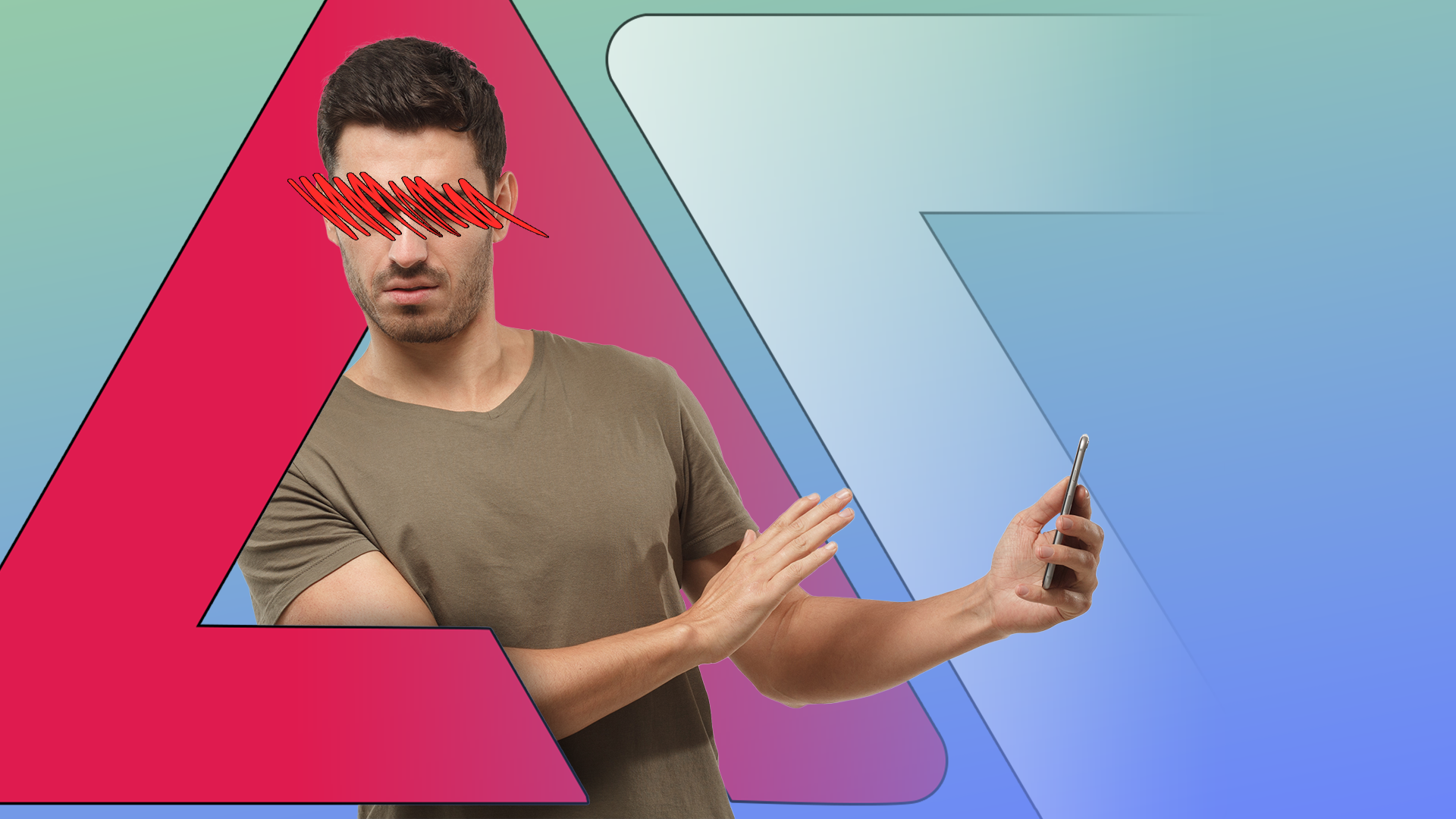 A man with red scribbles over his eyes pushes away his smartphone with a serious expression.