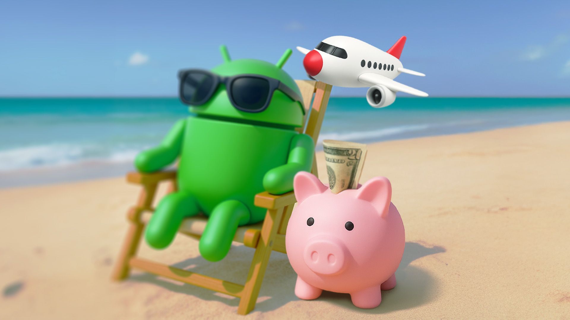 Android mascot lying on a beach chair with a plane and a piggy bank beside it