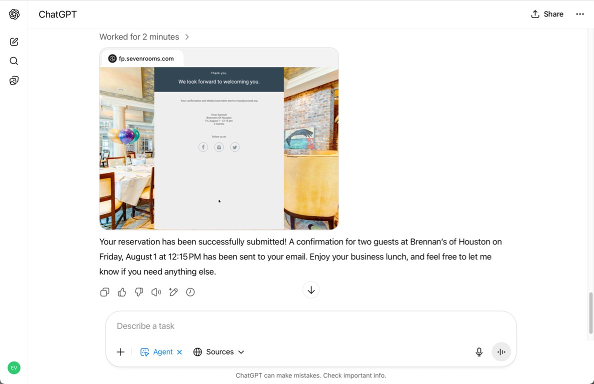 A completed reservation for two guests at Brennan’s of Houston. The confirmation page shows a message stating, “We look forward to welcoming you,” with details sent to the user’s email. It lists the name of the user, the restaurant name, the reservation date (Friday, August 1), time (12:15 PM), and party size (2 guests). 