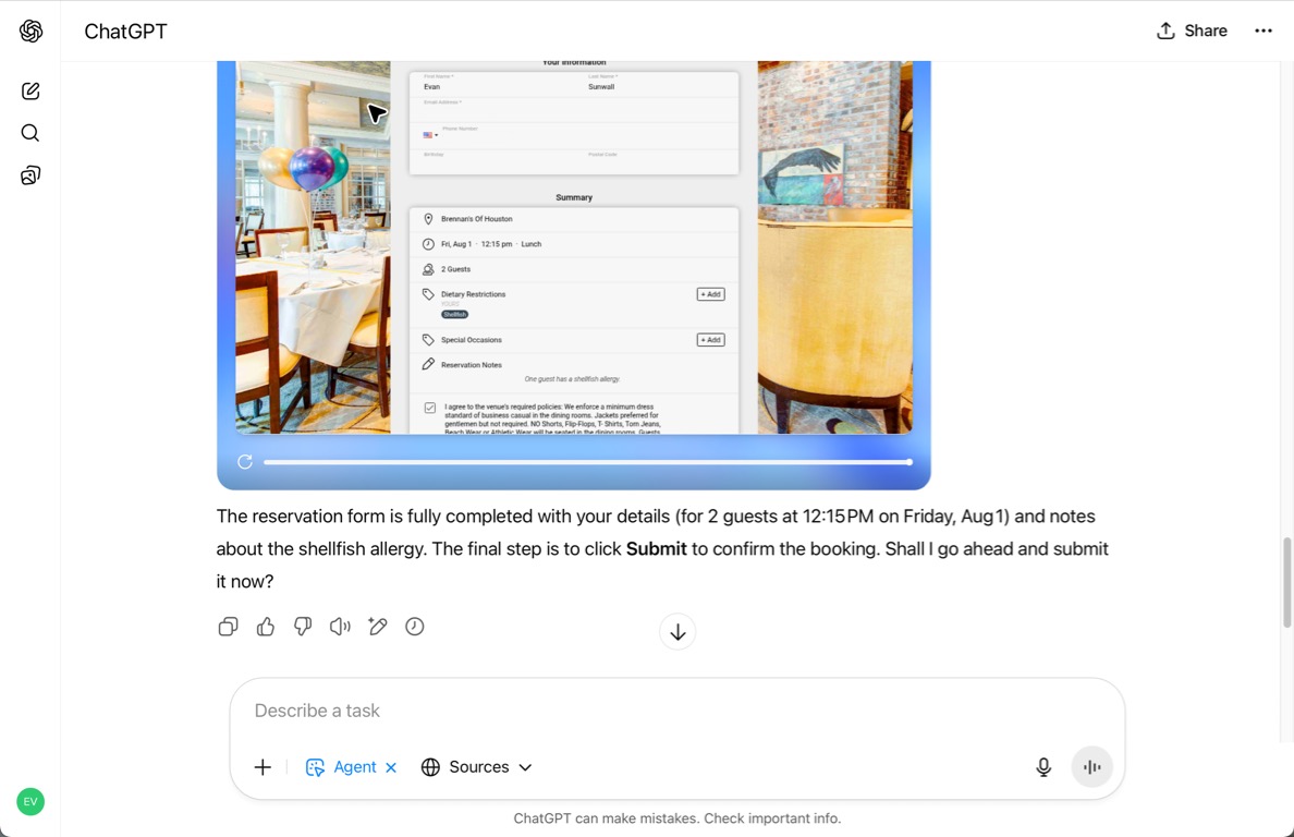 A nearly completed online reservation form for Brennan’s of Houston, scheduled for Friday, August 1 at 12:15 p.m. for 2 guests. The form includes personal information fields at the top—first and last name, email, phone number, birthday, and postal code—with some fields filled out. ChatGPT is requesting permission from the user to submit the reservation.