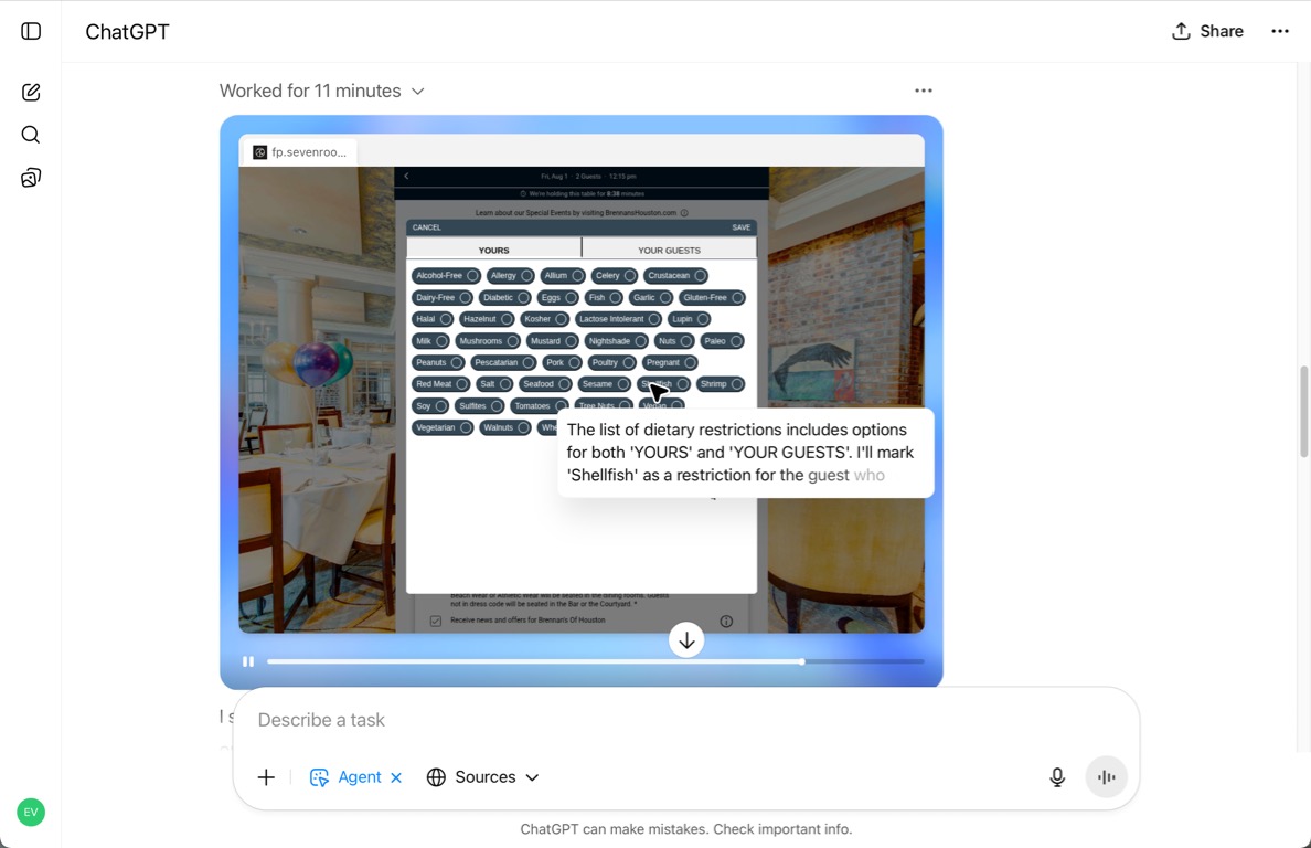 a ChatGPT interface where the assistant is helping book a restaurant reservation. A screenshot at the top displays a reservation form with a list of dietary restrictions for both the user and their guests. “Shellfish” has been selected as a restriction. Below the image, the assistant explains it chose the nearest available time slot—Friday, August 1 at 12:15 PM—because noon was unavailable. It notes the shellfish allergy, and outlines that the user must now enter their contact details and agree to the venue’s policy.