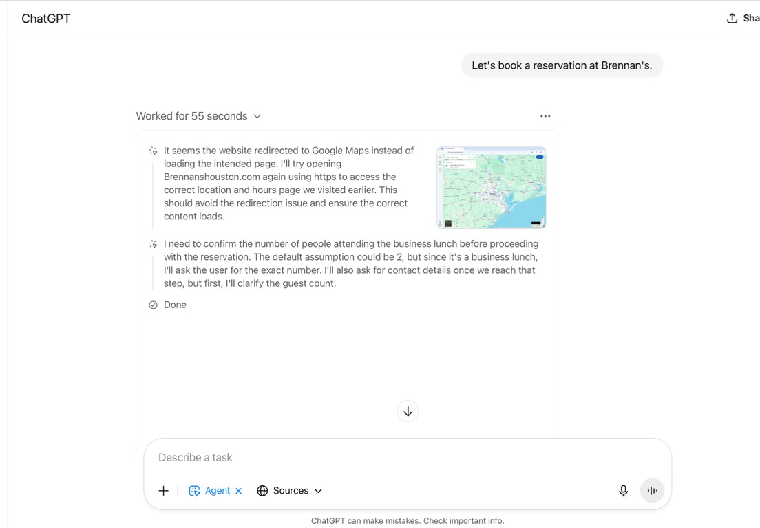 a ChatGPT interface where the user has prompted, “Let’s book a reservation at Brennan’s.” The assistant responds by explaining two steps. First, it notes a technical issue: the Brennan’s website redirected to Google Maps instead of loading the correct page, so it plans to retry using HTTPS to reach the hours and location page. Second, it states the need to confirm the number of attendees for the business lunch, assuming a default of two people but indicating it will ask the user to specify. The assistant also mentions it will collect contact information once the guest count is confirmed.
