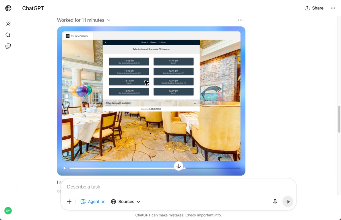 A restaurant reservation interface for Brennan’s of Houston, with available time slots for Friday, August 1. The screen presents multiple options, including 11:45 a.m., 12:15 p.m., and 12:30 p.m., with variations for lunch, bar seating, and outdoor seating. A cursor is hovering over one of the 12:15 p.m. lunch options, suggesting a selection is being made.