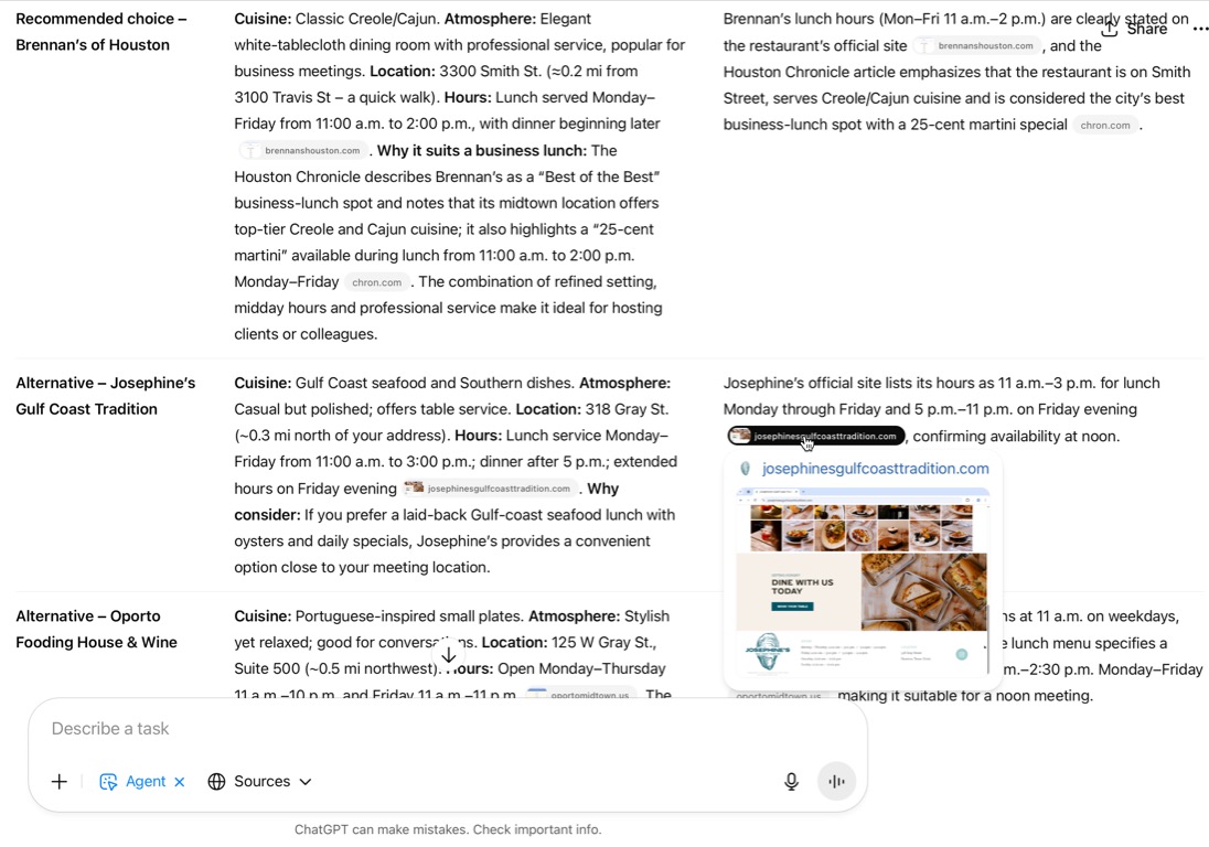 This image shows a side-by-side comparison of three Houston restaurants, highlighting why each is a suitable choice for a business lunch. The top listing, Brennan’s of Houston, is marked as the recommended choice due to its elegant, white-tablecloth setting and top-tier Creole/Cajun cuisine. Its hours (Mon–Fri, 11 a.m.–2 p.m.) are emphasized, along with a notable 25-cent martini lunch special. Two alternatives are listed below: Josephine’s Gulf Coast Tradition, offering casual Gulf Coast seafood in a polished setting, and Oporto Fooding House & Wine, a stylish option with Portuguese-inspired small plates. Each listing includes cuisine, atmosphere, location, hours, and why it suits business dining.