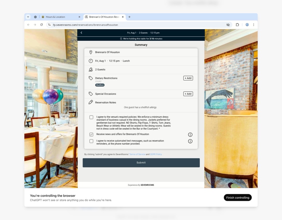 A reservation summary screen for Brennan’s of Houston on the SevenRooms booking platform that is being controlled by the user and not the agent. The reservation is set for Friday, August 1 at 12:15 p.m. for 2 guests. A shellfish allergy is noted under dietary restrictions, and a matching comment appears under “Reservation Notes.” Below, two required checkboxes confirm agreement with the venue’s policies—such as the business casual dress code—and the option to receive reservation updates via text.