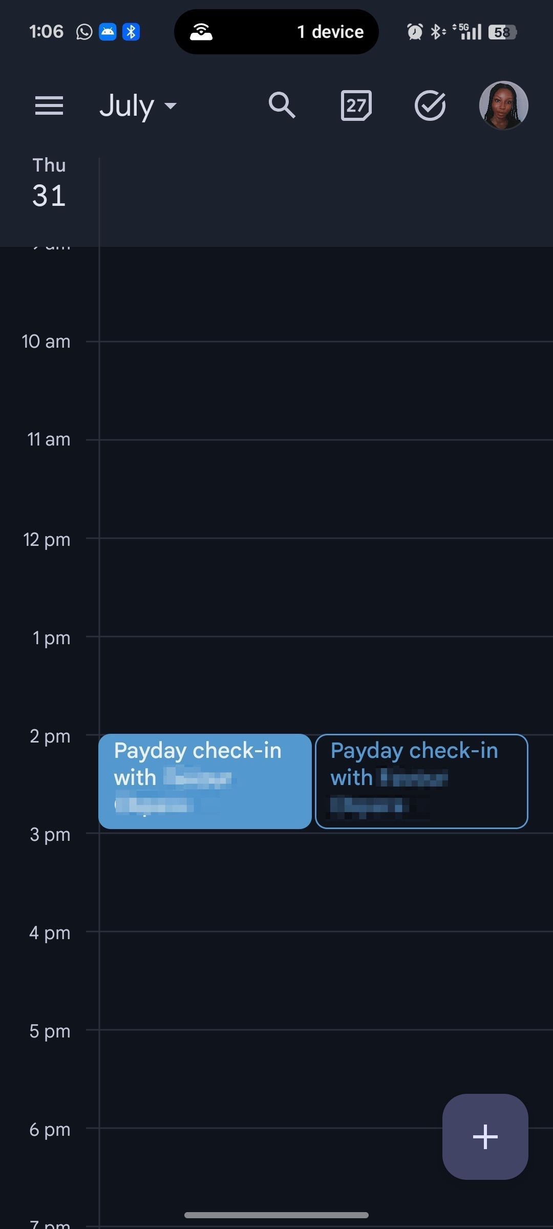 Payday check-in Google Calendar event logged for July 31