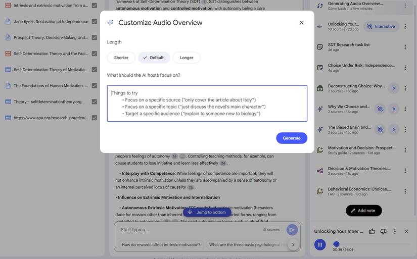 Screenshot showing how to customize the Audio Overview feature in NotebookLM