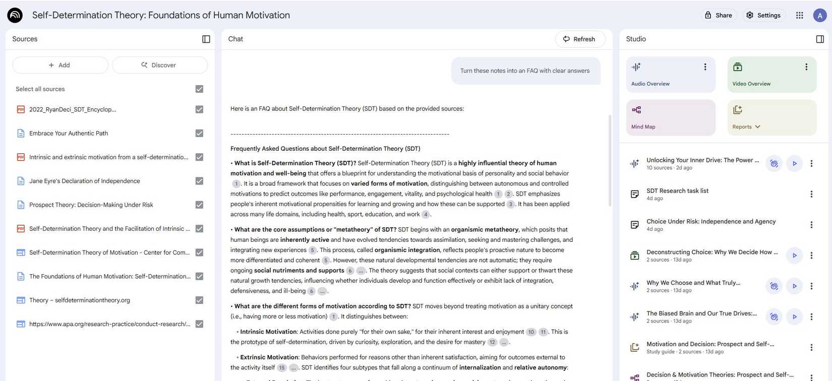 Screenshot showing how to make an FAQ list in NotebookLM