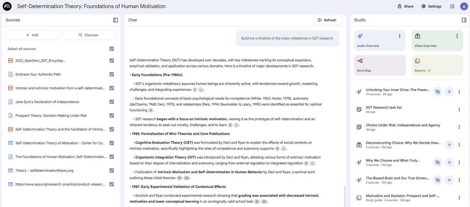 Screenshot showing how to create a timeline view in NotebookLM