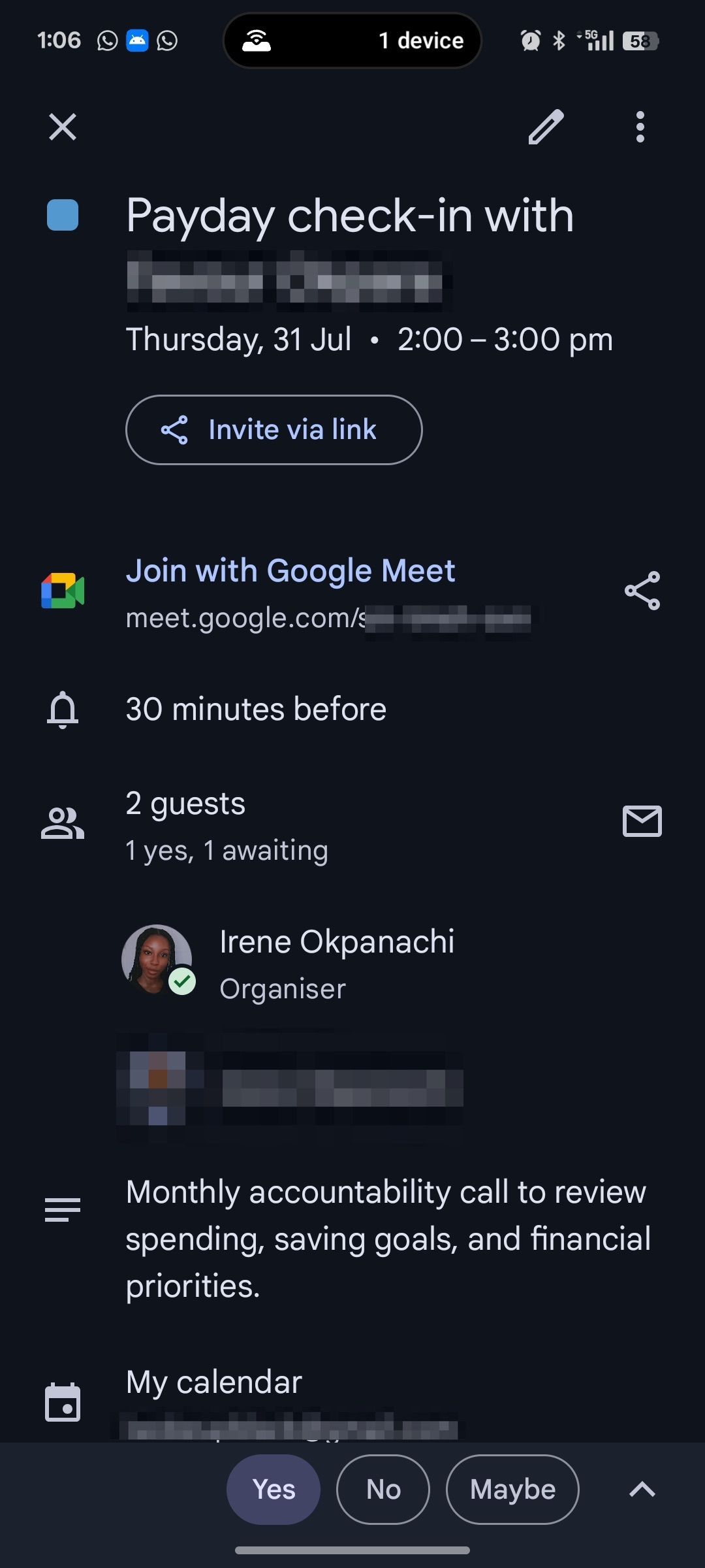 Full details of payday check-in Google Calendar event logged for July 31