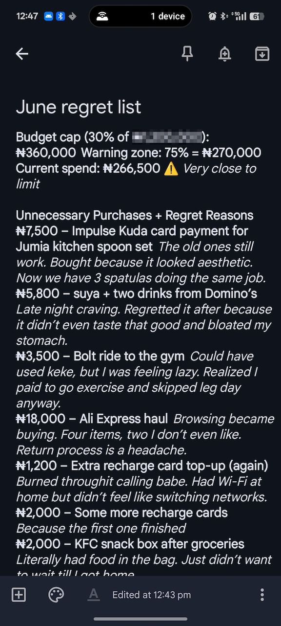User created list of shopping regrets in Google Keep app for the month of June