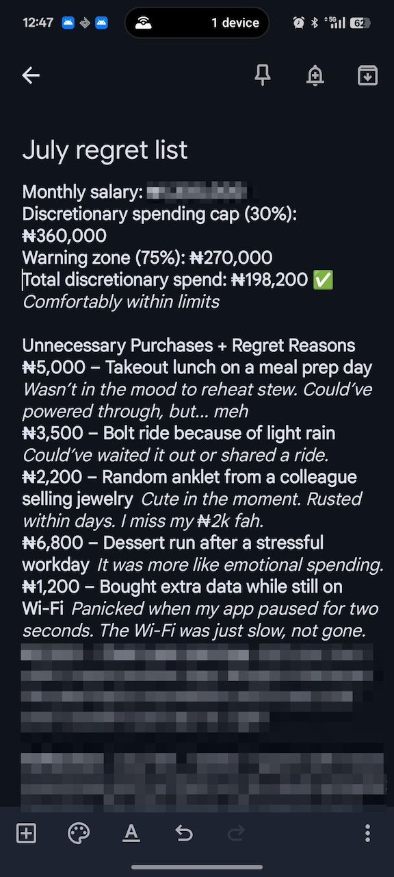 User created list of shopping regrets in Google Keep app for the month of July